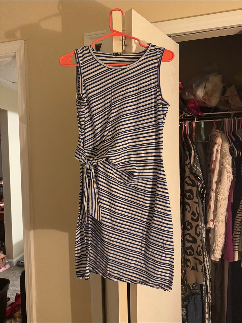Talbots Blue & White Striped Sleeveless Midi Dress with Side Knot